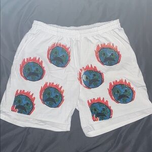 Graphic White Athletic Shorts with Red Accents